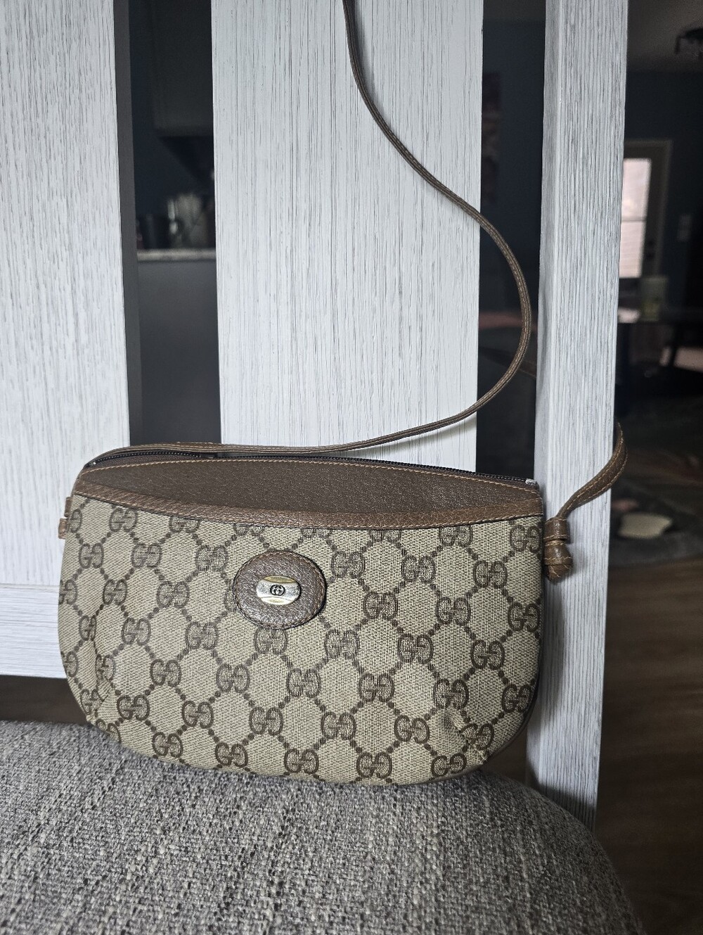 Authetic Gucci Vintagr Designer Monogram Crossbody Bag in Beige and Brown